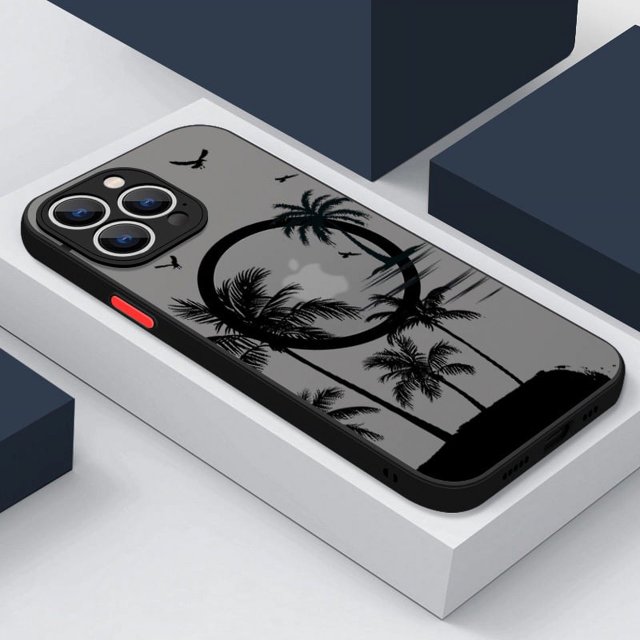 Magnetic Coconut Palm Pattern Case For iPhone 15 14 Pro Max 13 12 11 For Magsafe Wireless Charge Matte Hard Back Cover Fundas T4 Tree For iPhone 11