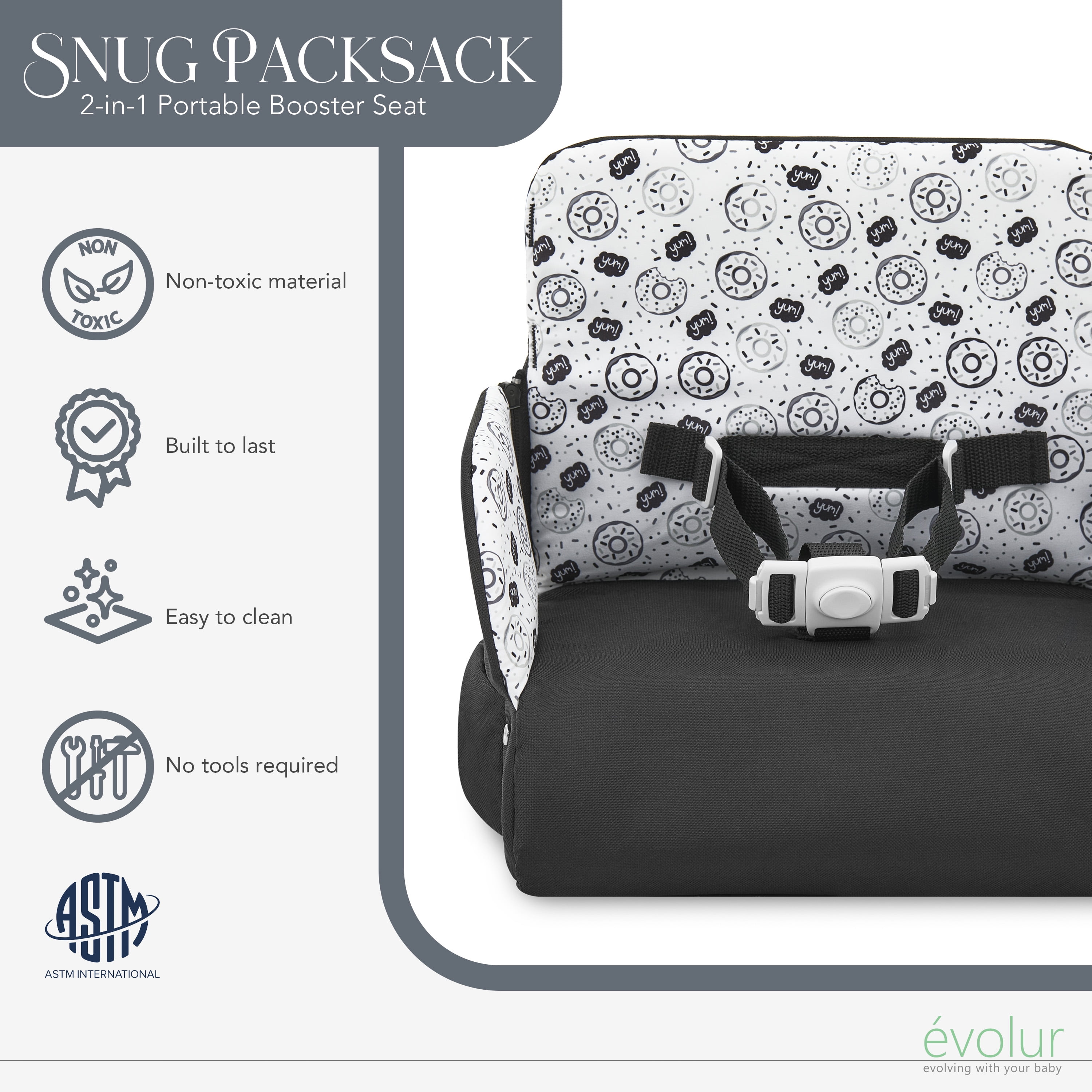 Evolur Snug Packsack 2-in-1 Portable Booster Seat and Travel Bag, Black And White