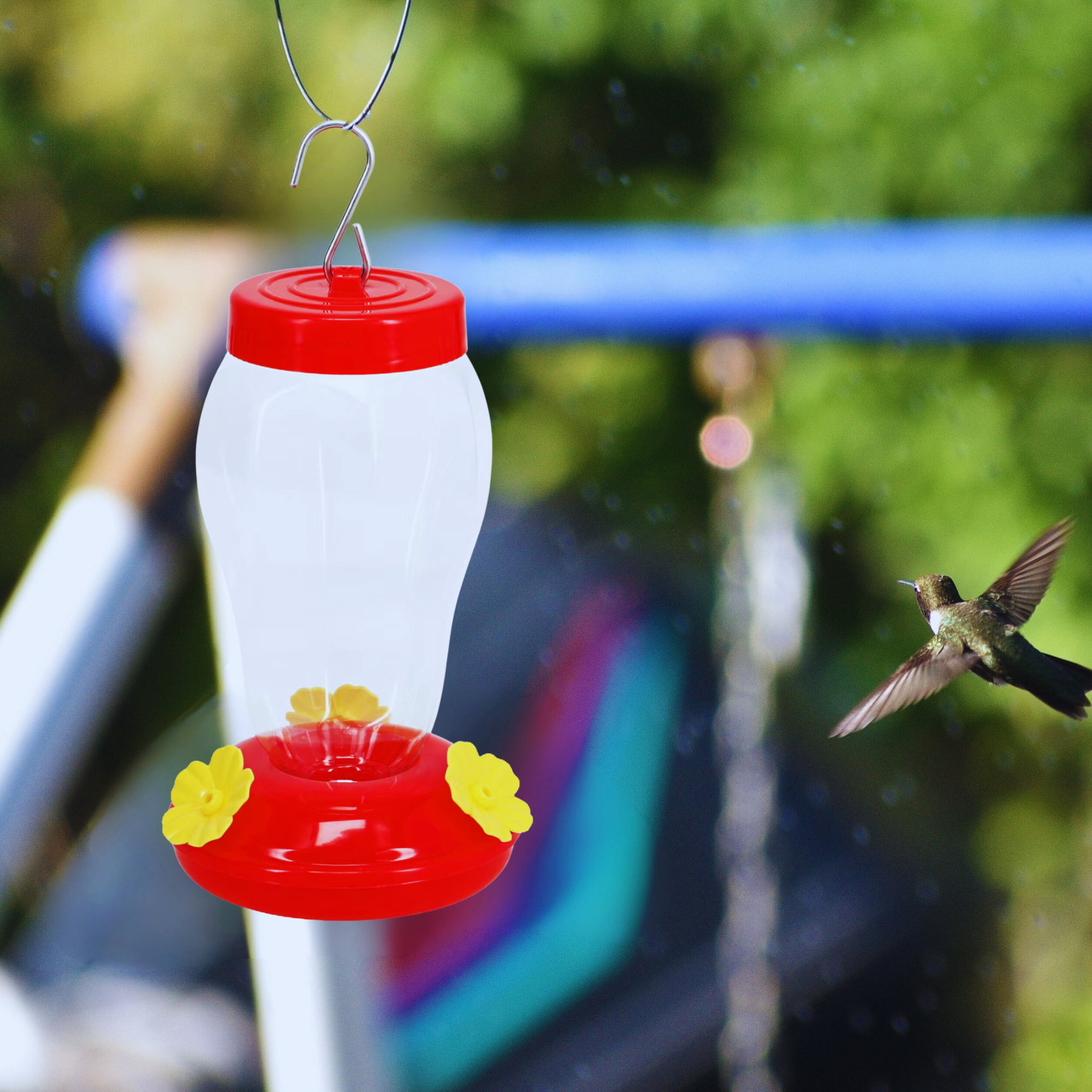 2-Pack Red Hummingbird Feeder with Hanging Hook, 7in. & Nectar Pack, Outdoor Plastic Bird Feeder with Multiple Feeding Ports Easy Fill Clear Reservoir for Garden Patio Balcony Backyard