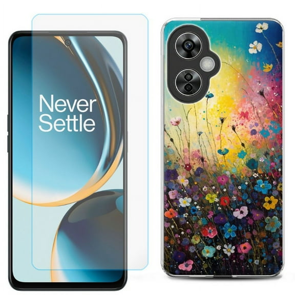 OneToughShield ® for OnePlus Nord N30 5G Shockproof Phone Case, with Tempered Glass Screen Protector - Flower Field