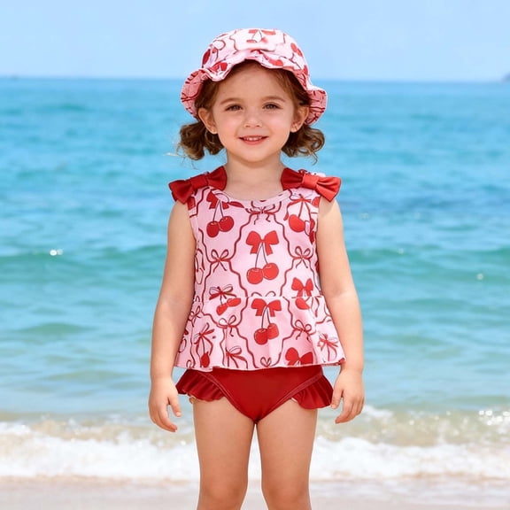 hengsof Toddler Girl Summer Swimsuit Children's Sweet Bow Shoulder Strap Printed Ruffle Beach Swimsuit Swim Trunks Hat Three Piece Set