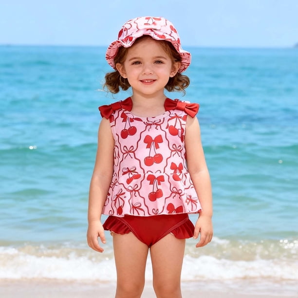 Traje de baño de 2 piezas para mujer, trajes de baño para mujer, traje de baño de verano estampado de dos piezas para niñas, traje de baño infantil con gorro, conjunto de tres piezas, conjunto de traj
