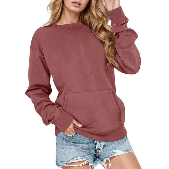 Women's Hoodless Sweatshirt Casual Solid Color Pullover Sweater Long Sleeve Crewneck Pocket Athletic Sportswear Apparel