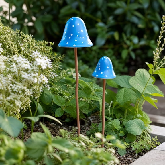 2 Pack Vintage Iron Mushroom Ground Stake, Painted Metal Garden Ornament Flower Bed Planter Porch Yard Landscapes Decor