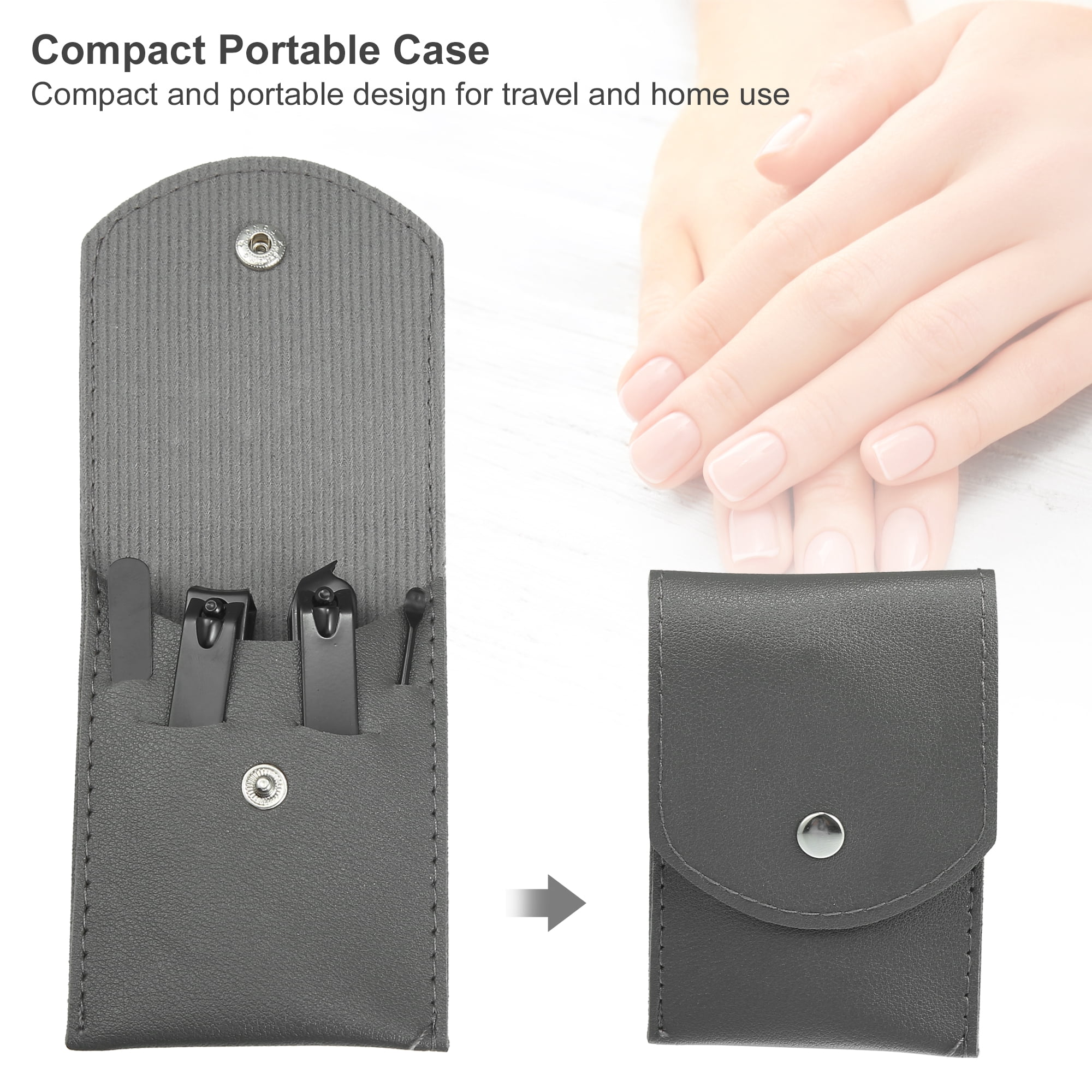 Unique Bargains 4 pcs Manicure Set with Gray PU Case Personal Care Stainless Steel Black