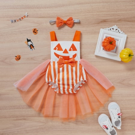 

Bullpiano 2Pcs Baby Girls Halloween Clothes Newborn Pumpkin Printed Mesh Yarn Tutu Dress Romper + Headband Set 0-12M