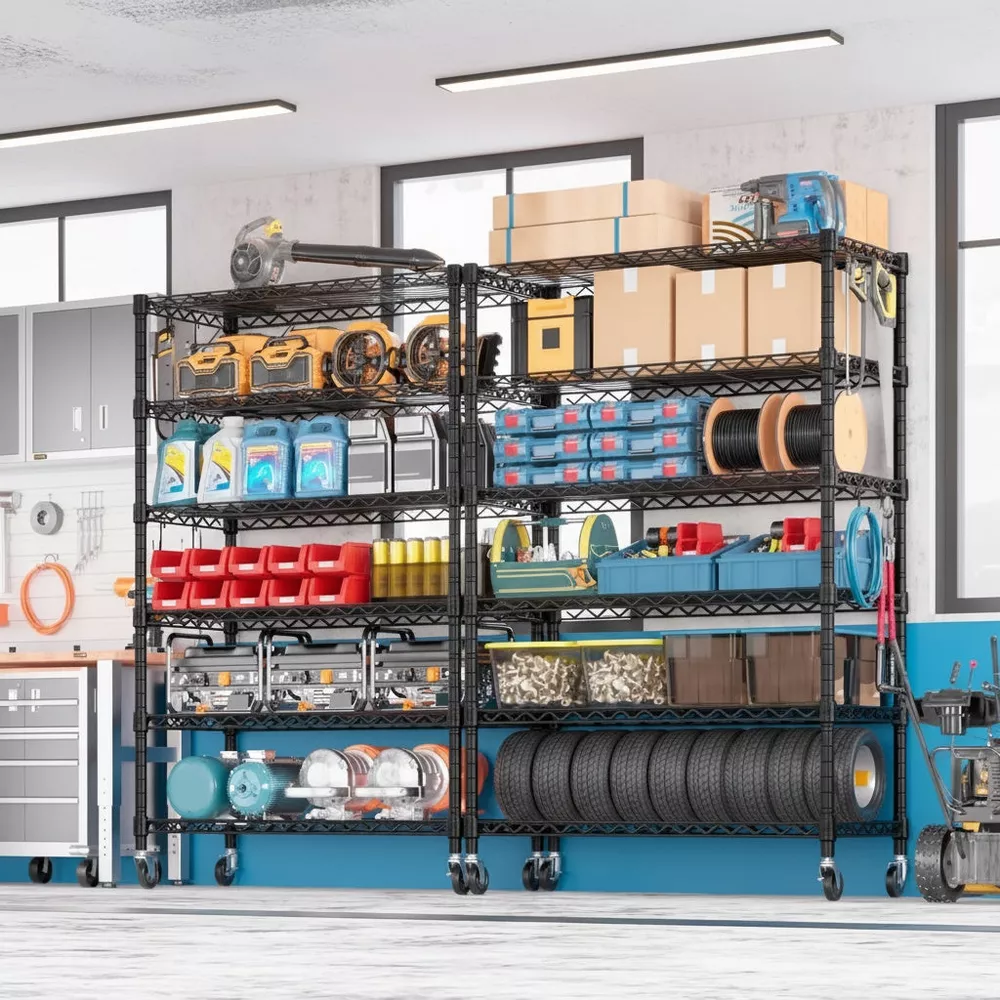 Sailvan 46"W 6-Tier Metal Wire Shelving Unit with Wheels, 1200LBS Heavy Duty Storage Shelves for Garage Kitchen Pantry, 18"Dx46"Wx82"H,Black