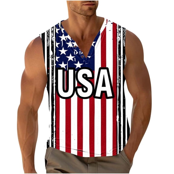 Cmfcve Men's Patriotic Tank Top Independence Day Printed Pullover Tees Sleeveless V-Neck Fitness Undershirt