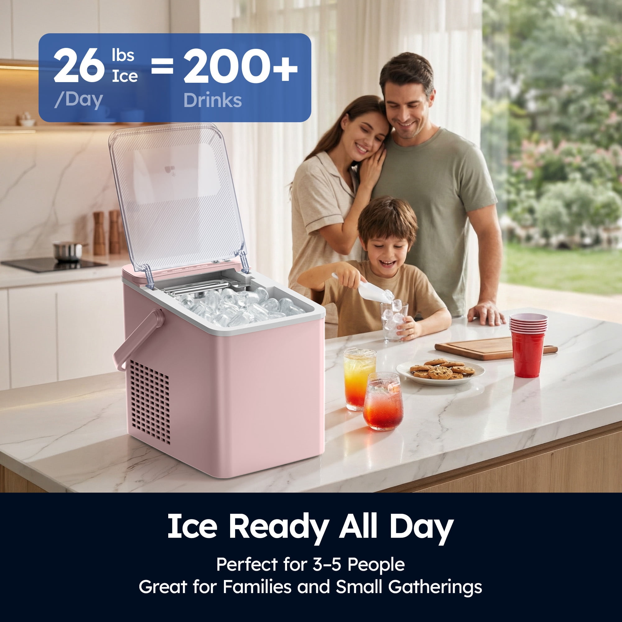 SIMZLIFE Portable Countertop Ice Maker Machine, 26 lbs Ice Per Day, 9 Bullet Ice Cubes Ready in 6 Minutes, Small & Large Ice Sizes, Self-Cleaning, 1.1L Water Tank, Ice Scoop & Basket, Pink