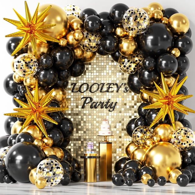 Juego de globos de fiesta con forma de guirnalda LOOLEY, negro y dorado, 137 unidades