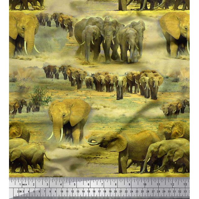 Soimoi Cotton Duck Fabric tree & elephant Animal Printed Craft Fabric by the Yard 42 Inch Wide