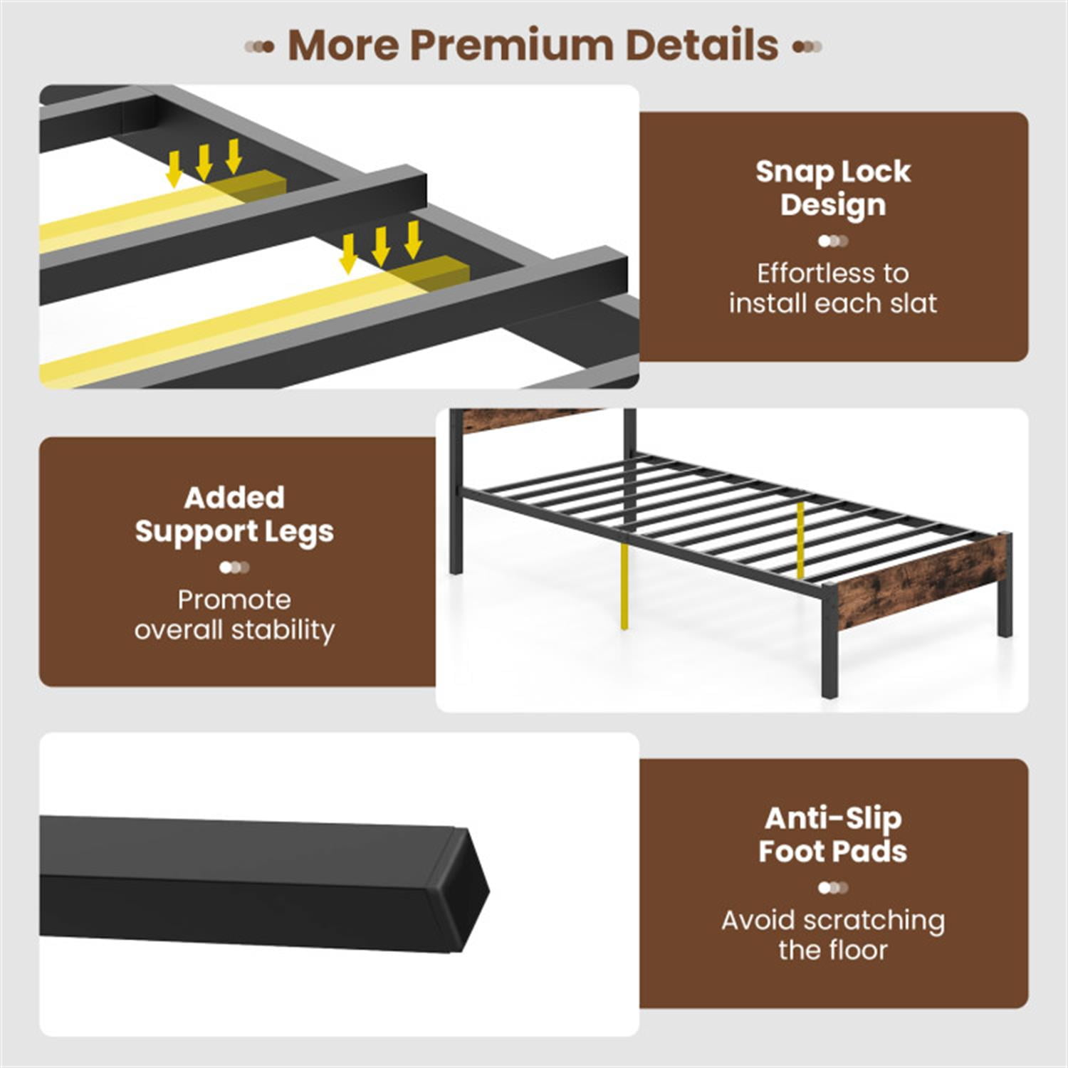 Demi Bonn Twin Size Bed Frame with High Headboard and Mute Bar, Industrial Metal Platform Bed Frame with Under Bed Storage, No Box Spring Needed, Brown