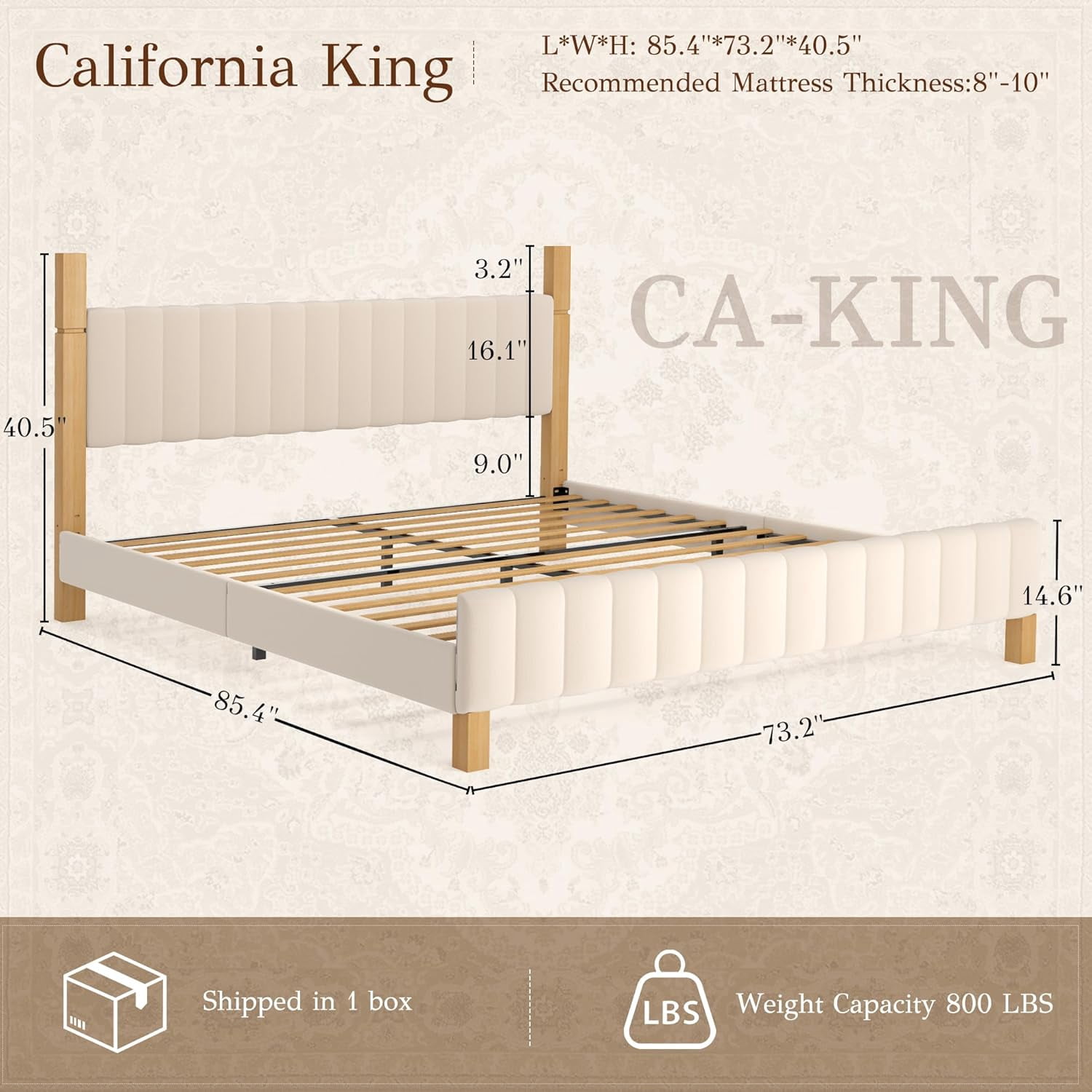 XIAO WEI California King Bed Frame with Upholstered Headboard, Solid Wood, Beige