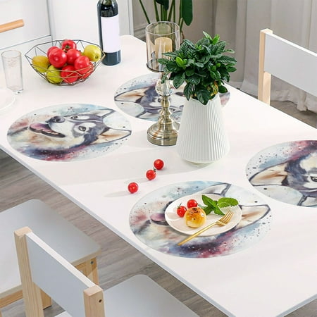 

Round Grid Placemat One Sizex1 Round Placemat PVC Plate Mat，15.4 Inch Non-Slip and Heat Resistant Table Placemat Dining Room Placemat Cute Husky Dog