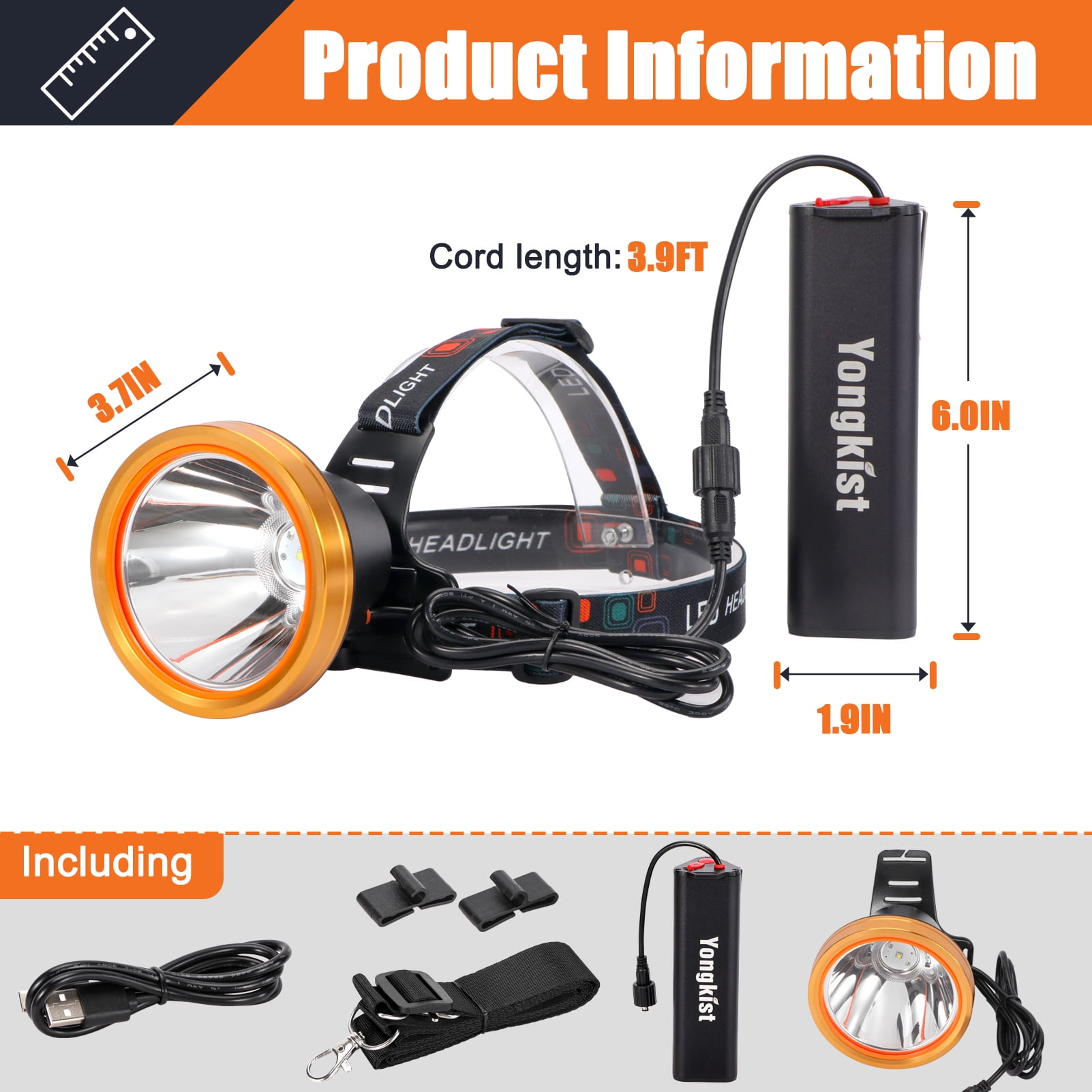 Yongkist Super Bright Rechargeable LED Headlamp, High Power Waterproof Spotlight with Long-Lasting Battery, Perfect for Coon Hunting, Camping, Fishing, and Outdoor Activities