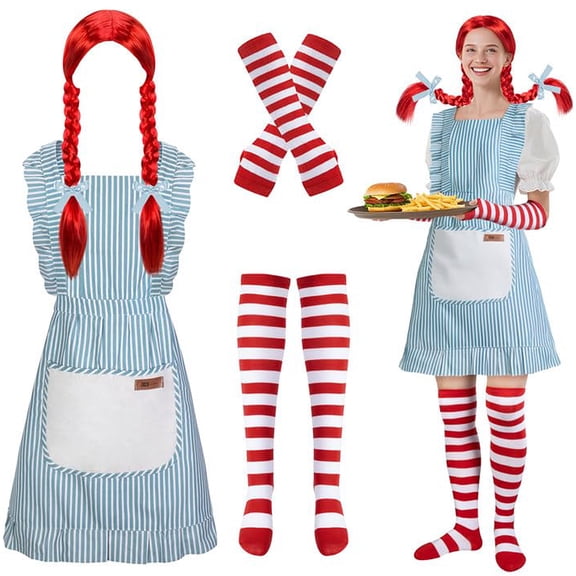 EBaokuup Women's Fast Food Costume Set, Red Wig Apron Gloves Socks for Halloween Cosplay