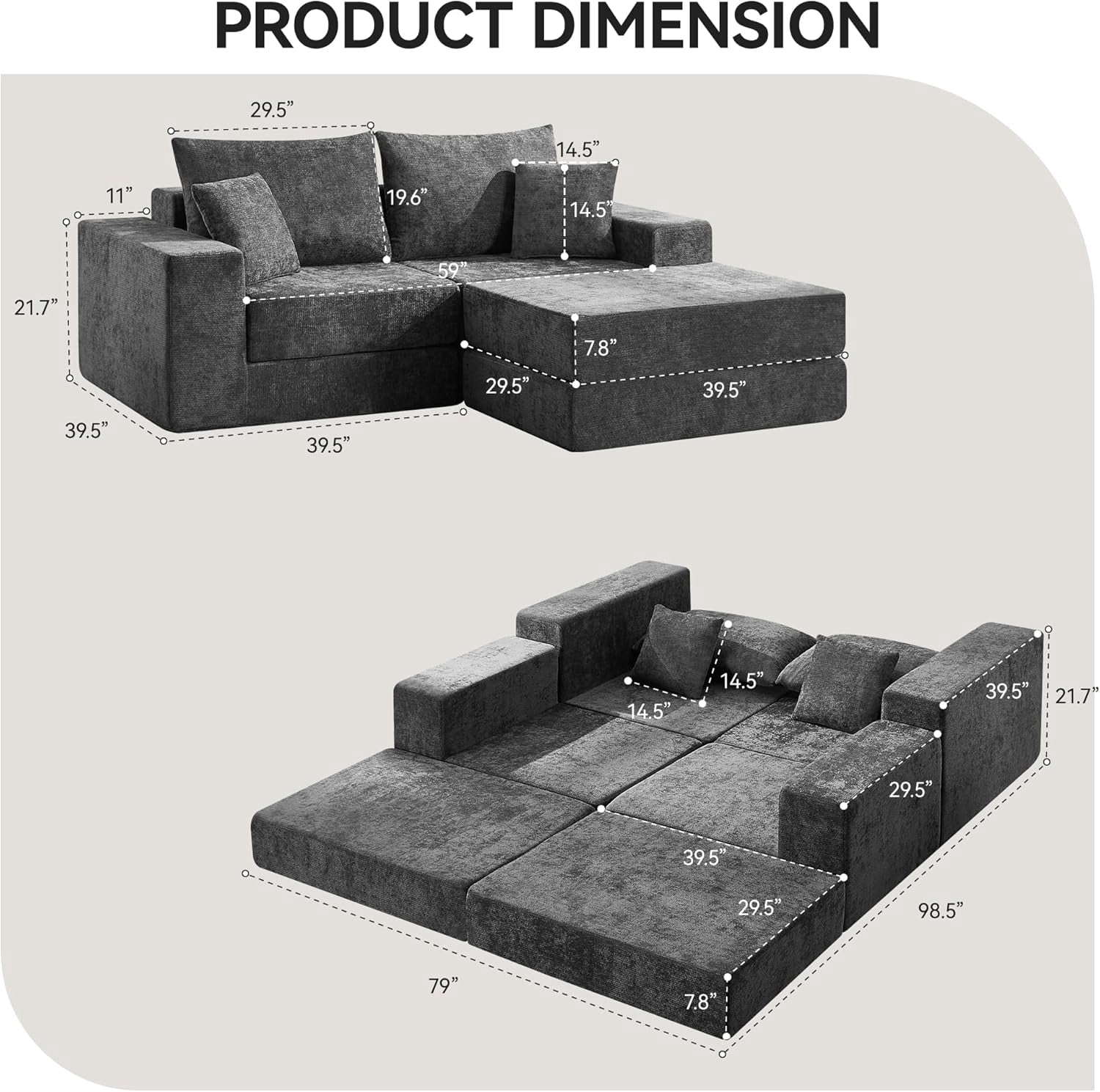 79" Boneless Cloud Loveseat Sofa with Ottoman, Modular Chenille Convertible Floor Couch Bed, No Assembly, Dark Gray