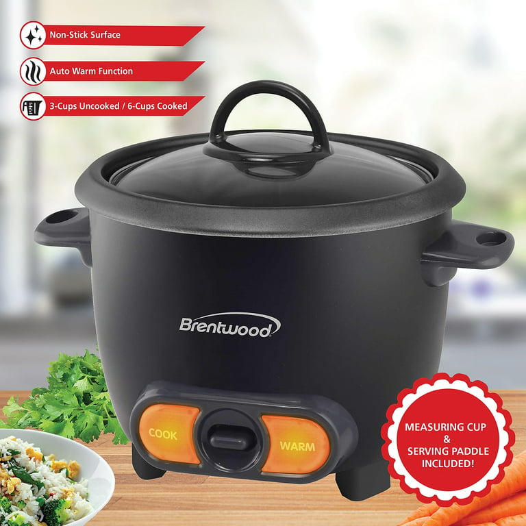 Brentwood 3 Cup Uncooked/6 Cup Cooked Non Stick Rice Cooker in Black