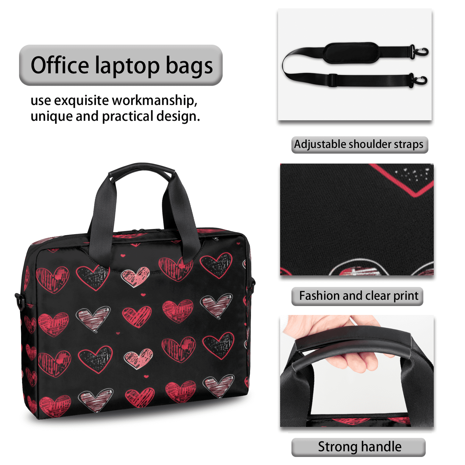 Herdesigns Valentine's Day Black Red Heart Laptop Bag for Women Men, Computer Case Briefcase Messenger Bags, 15-15.6 inch Laptop Sleeve Shoulder Bag
