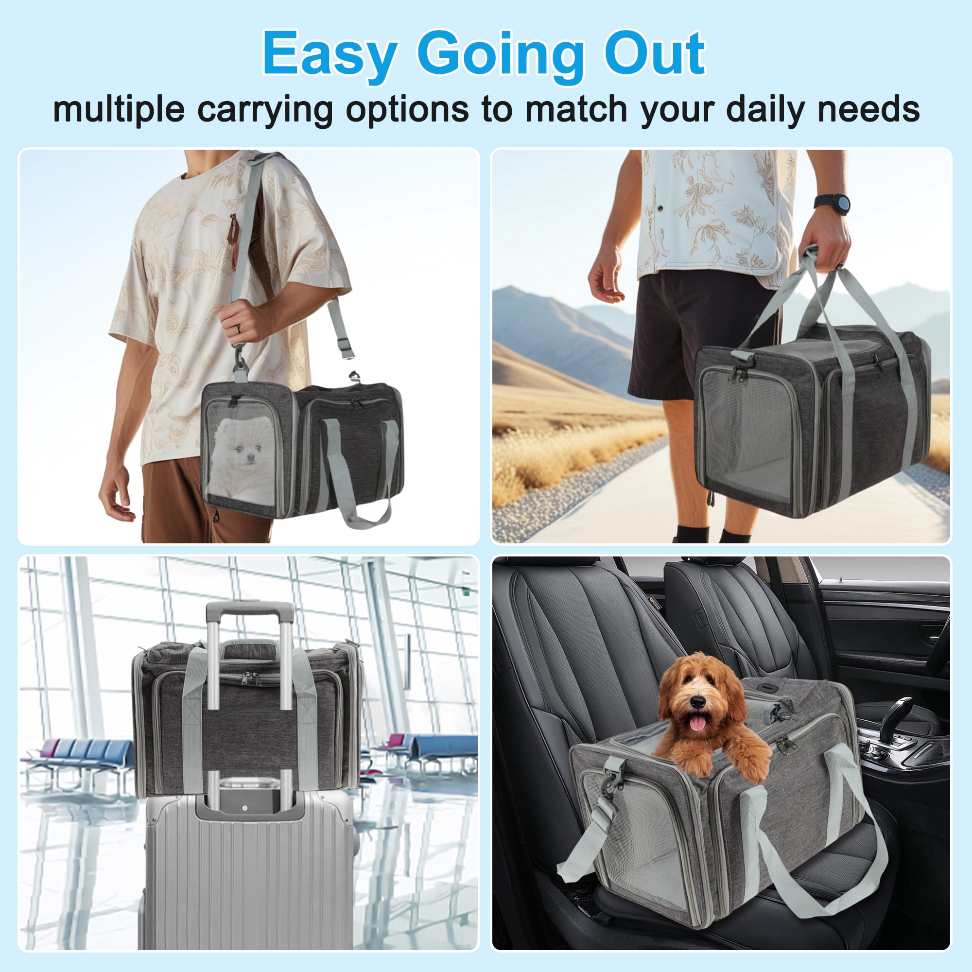 Unique Bargains Expandable Airline Approved Cat Carrier Soft-Sided Pet Travel Carrier with Removable Pad Collapsible Pet Carrier for Dogs Cats and Small Animals Grey