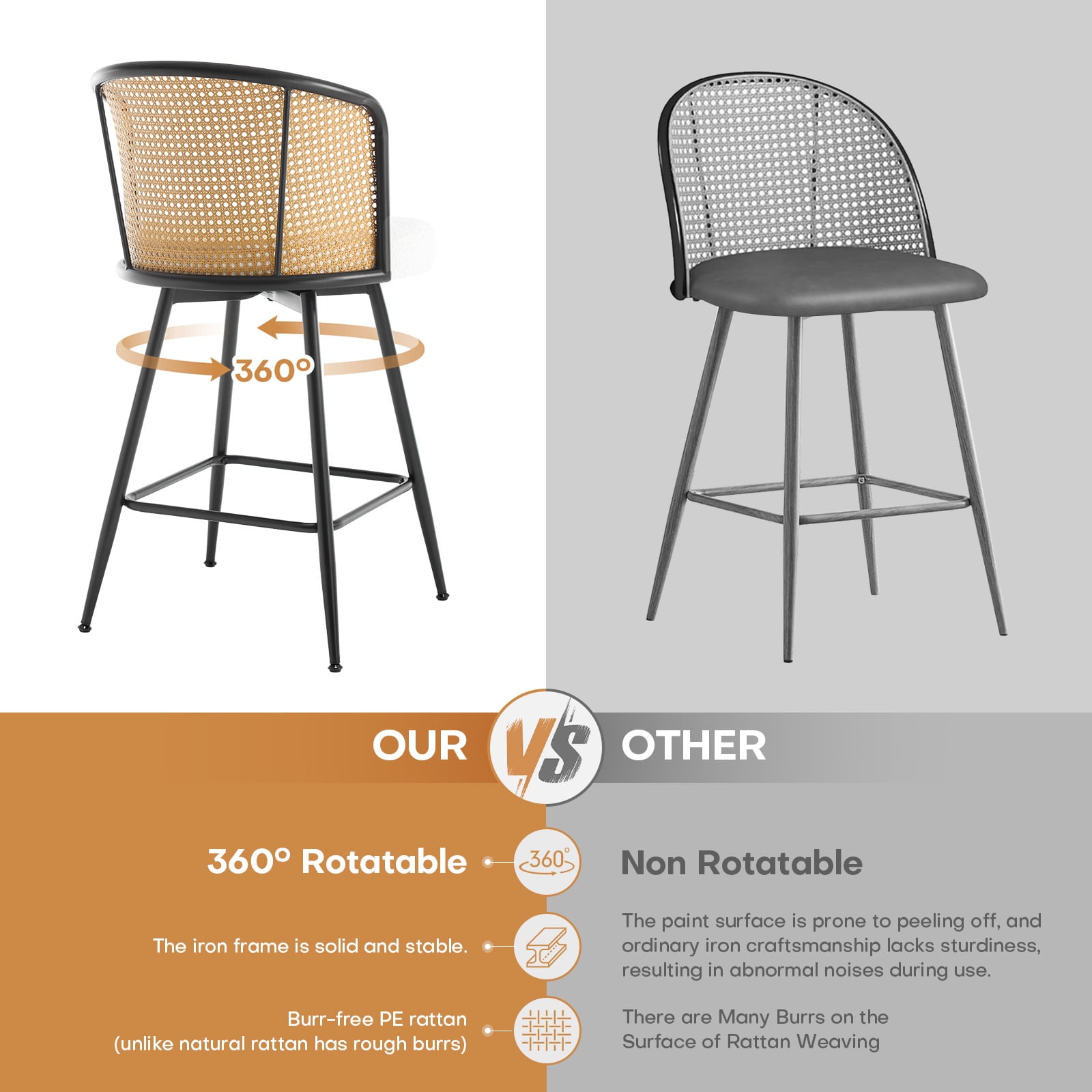 ANMINY Rattan Swivel Bar Stools Set of 4, 26" Counter Height with Rattan Back and Metal Legs, Mid-Century Modern Armless Boucle Fabric Barstools Seat, Upholstered Counter Stools for Kitchen Island