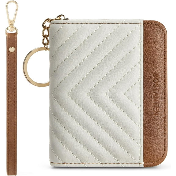 Credit Card Holder Wallet RFID Blockg Leather Small Wallet for Women Zipper Keycha Wallet with Wristlet Beige＆Brown