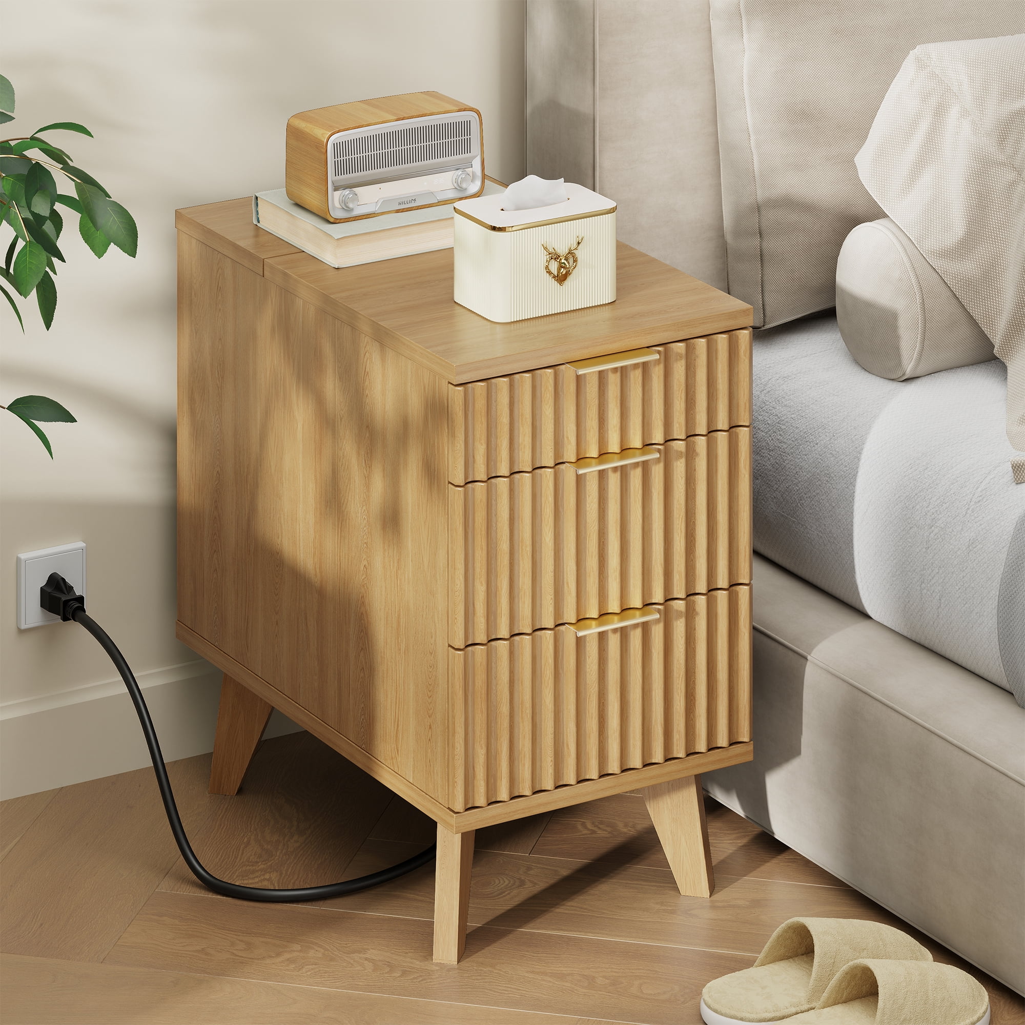 Biemlerfn 3 Drawer Side Table with Charging Station, Narrow End Table with Open Storage, Wooden Nightstand for Bedroom, Living Room, Natural Wood