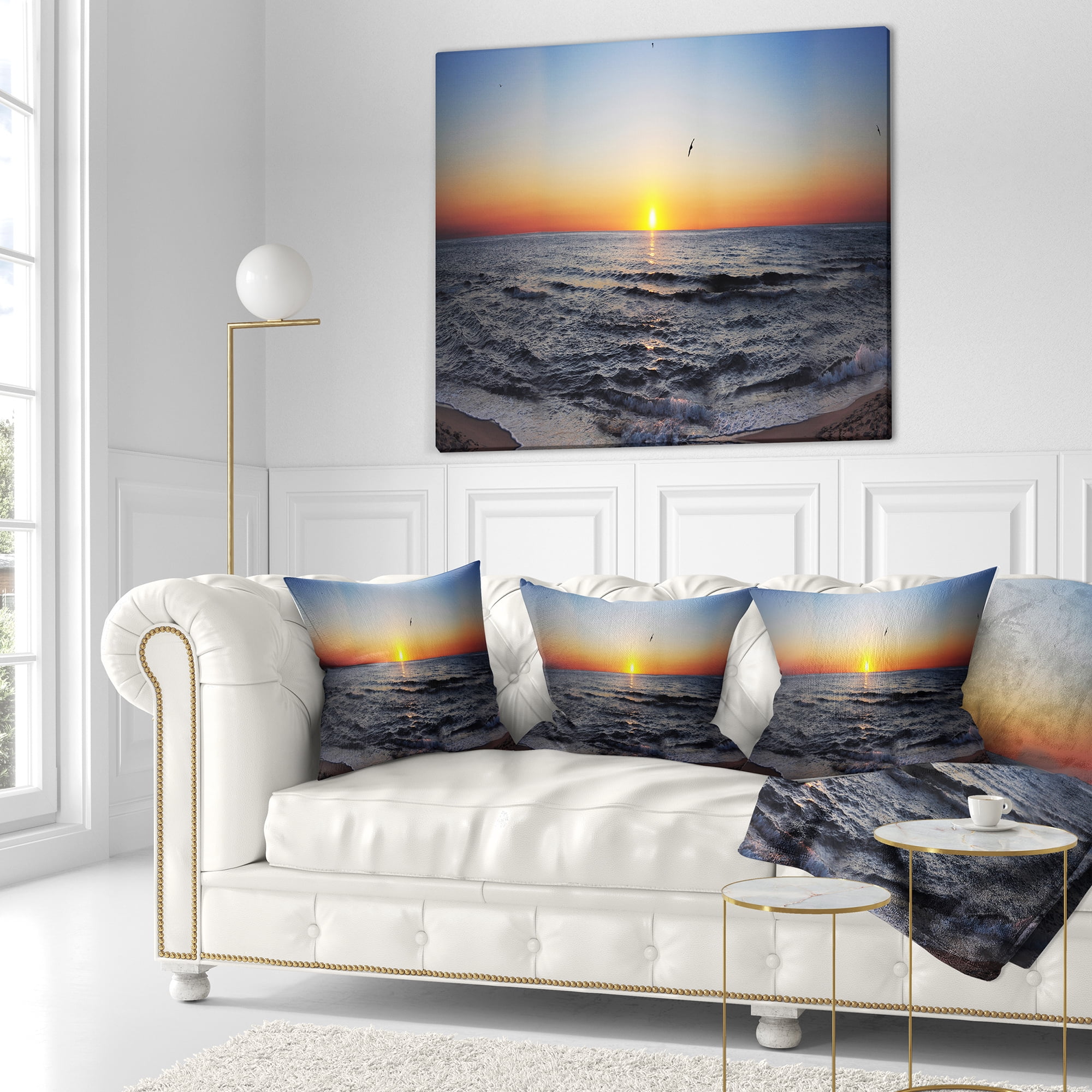 Designart Sunrise at Sea Panorama - Photography Throw Pillow - 16x16