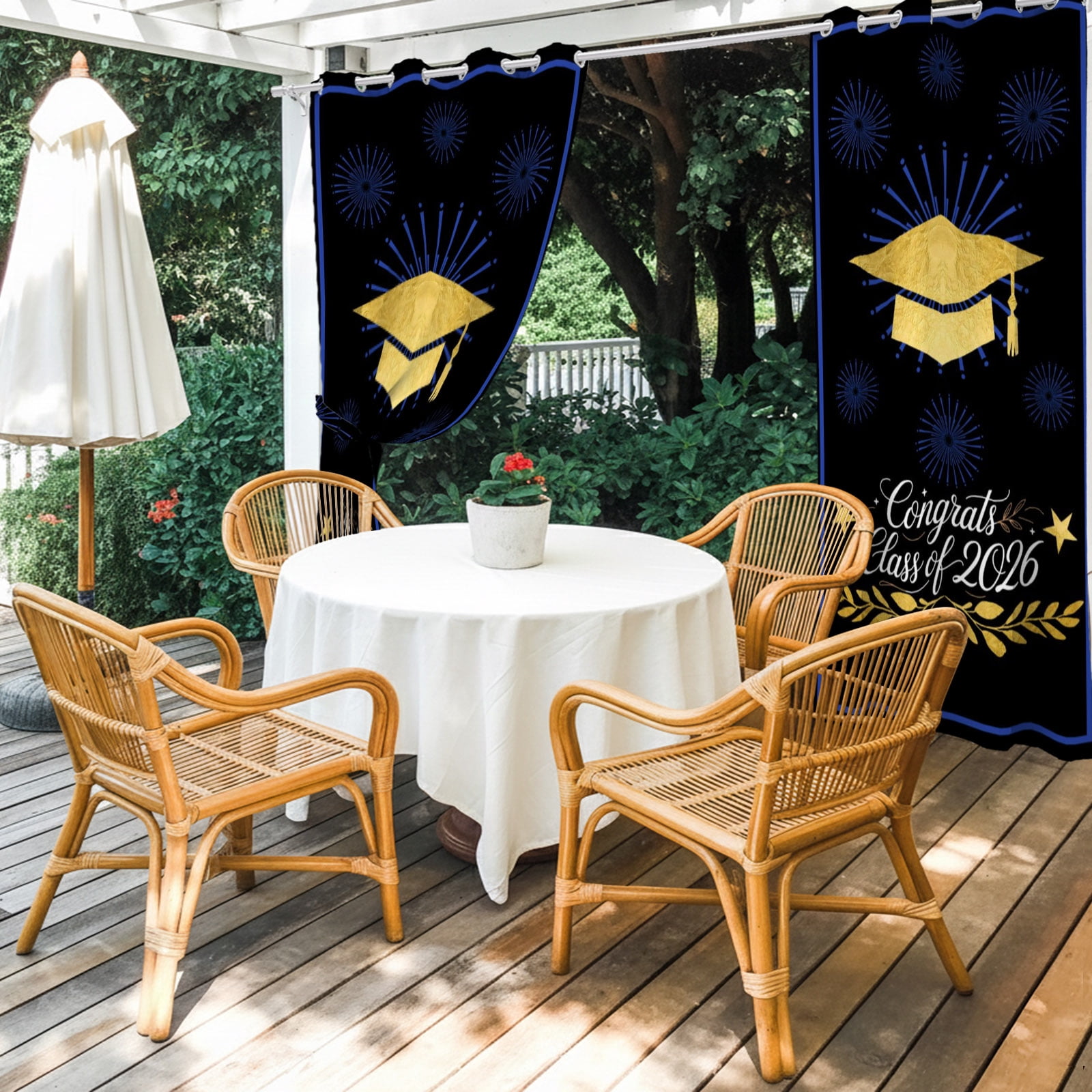 Gold Gingham Outdoor Curtains for Patio, Class of 2026 Fireworks Academic Graduation Black Sunshade Privacy Drapes Grommet Waterproof Outside Curtains for Porch/Cabana/Balcony 54"x 108", 1 Panel