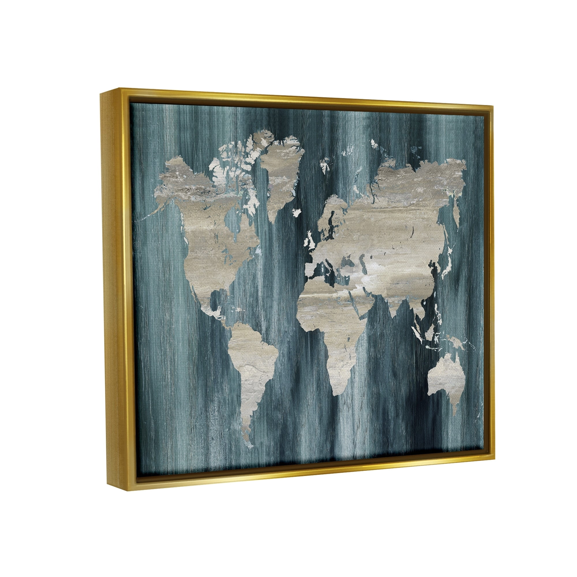 Stupell Industries Rustic Grain Patterned World Map Country Shapes Graphic Art Metallic Gold Floating Framed Canvas Print Wall Art, Design by Nan