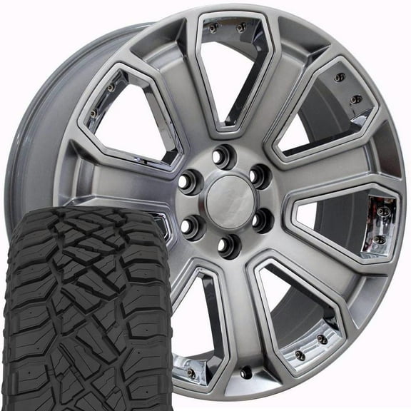 OE Wheels CV93B 22 Inch Rims and Tires Fit Silverado 1500 Style 6x139.7 22x9 Gloss Hyper Black with Chrome Insert - Hollander 5660 - TerraMax RT 285/45-22 (Set of 4)