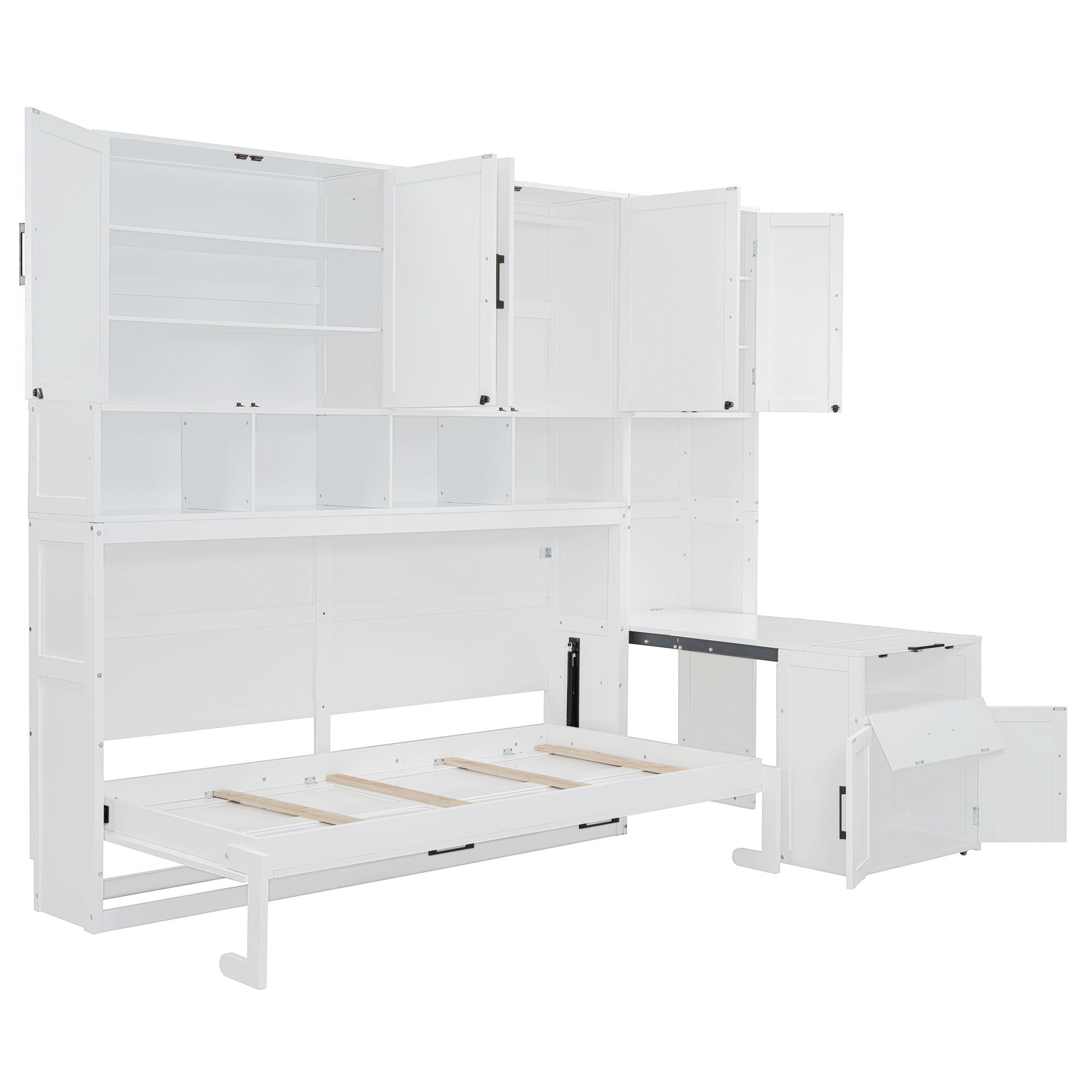 Twin Size Murphy Bed with Closet, Writing Desk, Storage Shelves for Space-Saving Guest Room