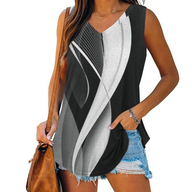 Puntoco Tops de cuello cuadrado para mujer, camisetas sin mangas estampadas, camisetas básicas informales holgadas de verano con cuello en V