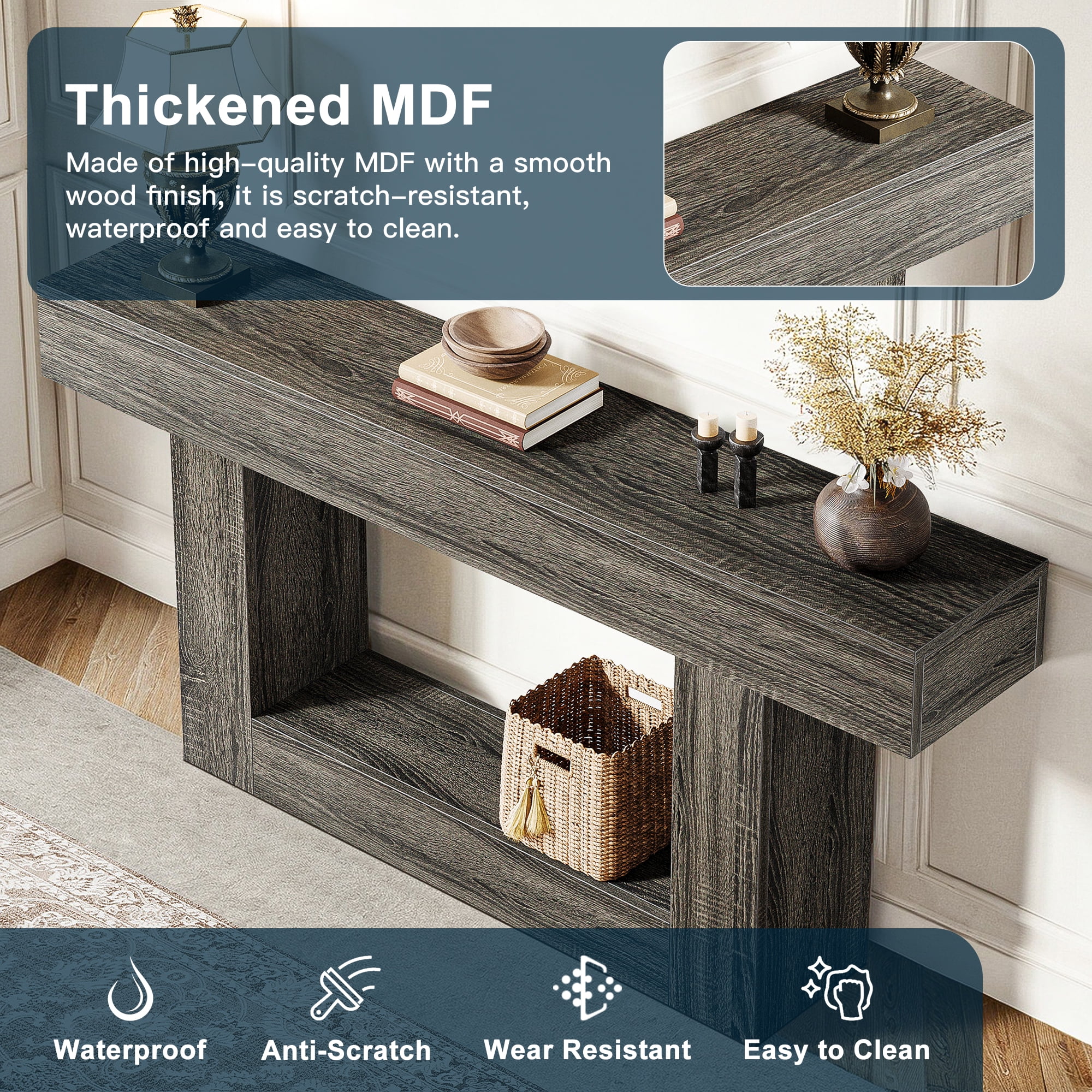 Demi Bonn 63" Wood Console Table, Farmhouse 2-Tier Sofa Table Entryway Table, Foyer Display Table, Dark Gray