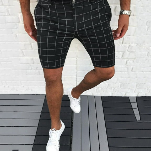 HWRETIE Mens Shorts Mens Pants,Men Dress Pants,Casual Plaid Flat-Front Skinny Business Pencil Shorts Pocket/Black 4(S)