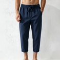 thumbnail image 4 of Migroa Men's Linen Capri Pants Casual Lightweight 3/4 Baggy Pants Drawstring Elastic Waist Beach Yoga Pants with Pockets Navy 2Xl, 4 of 5