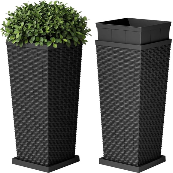 MorandiMal Resin Tall Planters for Outdoor Plants Set of 2, Large Taper Outdoor Planter Pots with 4 Drainage Holes, Flower Pots Modern Decor for Porch, Patio, Backyard, Garden(Black, 30'' with Trays)