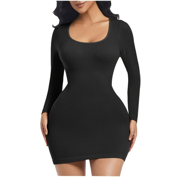 ZQUUVOU Women's Plus Size Bodycon Jumpsuit Solid Long Sleeve Tummy Control Built In Shapewear Casual Crewneck Romper Dress Black