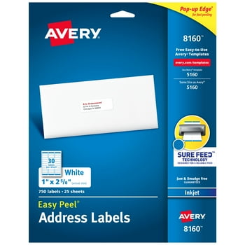 Avery Easy Peel Address Labels, Sure Feed Technology, Permanent Adhesive, 1" x 2-5/8", 750 Labels (8160)