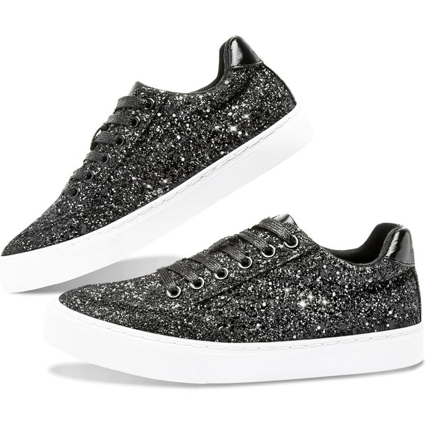 Glitter Sparkly Fashion Sneakers Shoes Shiny Casual Shoes Bling Sequin Concert Low Cut Lace up Shoes 8 Women 6.5 Men Black Glitter G Need Walmart