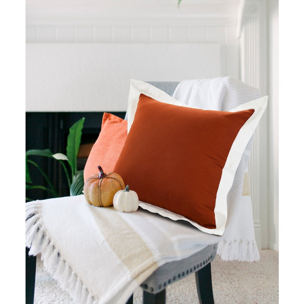 Harlow Hill Cinnamon/White Bordered Contemporary Cotton Throw Pillow Cover, 20" x 20"