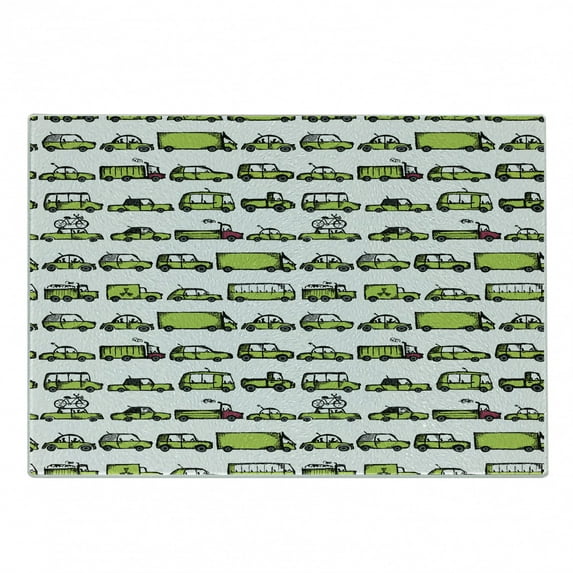 Cars Cutting Board, Number of Cars with Various Jobs Trucks Sedans Buses Traveling Journey Working, Decorative Tempered Glass Cutting and Serving Board, Small Size, Apple Green, by Ambesonne