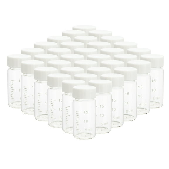 20ml Clear Small Glass Vials with Scale White Screwcap Liquid Sampling Sample Glass Bottles for Chemistry Lab Chemicals, Pack of 36