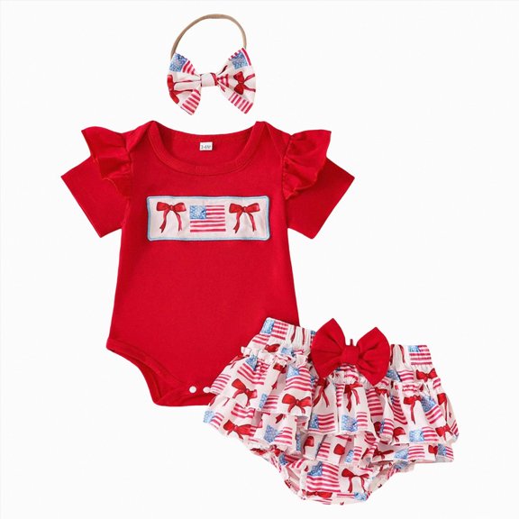 Kaprioy My First 4th of July Baby Girl Outfit Newborn Baby Girl Summer Clothes Bow Embroidery Short Sleeve Romper Bodysuit Ruffle Shorts Headband 3Pcs Set Cute Outfits
