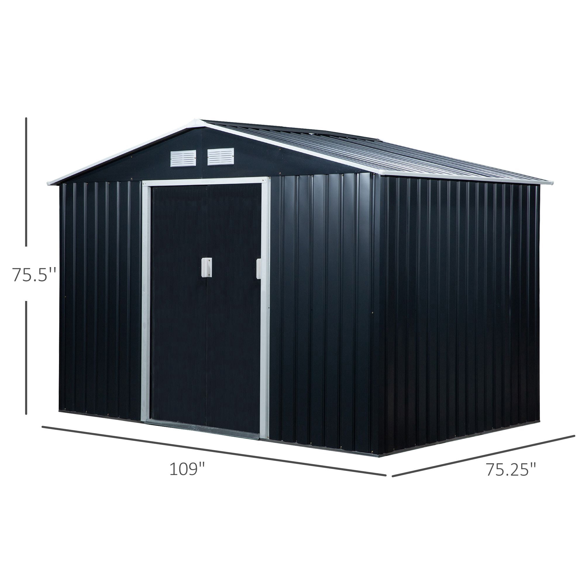 Outsunny 9' x 6' Metal Storage Shed Organizer, Garden Tool House with 4 Vents and 2 Sliding Doors for Backyard, Patio, Garage, Lawn, Dark Gray