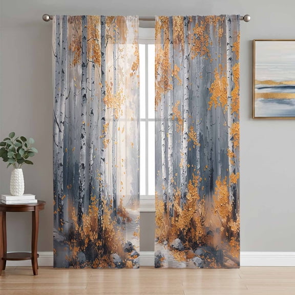Orange Navy Blue Semi Sheer Curtains 63 Inch Length 2 Panels Set, Modern Oil Painting Art Forest Sheer Kitchen Curtain Privacy Voile Window Curtain for Living Room Bedroom Rod Pocket Drapes