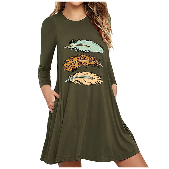 mtvxesu Robes pour Femmes Grande Taille, Robe raglan à Manches Longues Décontractée pour Dames à Imprimé Plume et à Blocs de Couleur, Robes Décontractées