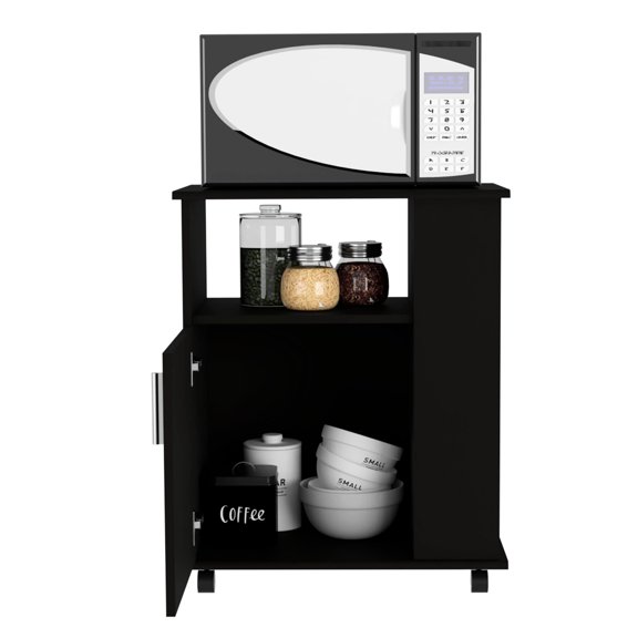 Black Kitchen Cart With Lower Microwave Cabinet, 4 Shelves For Practical 42.83 Lb Weight Cabinet In , Efficient