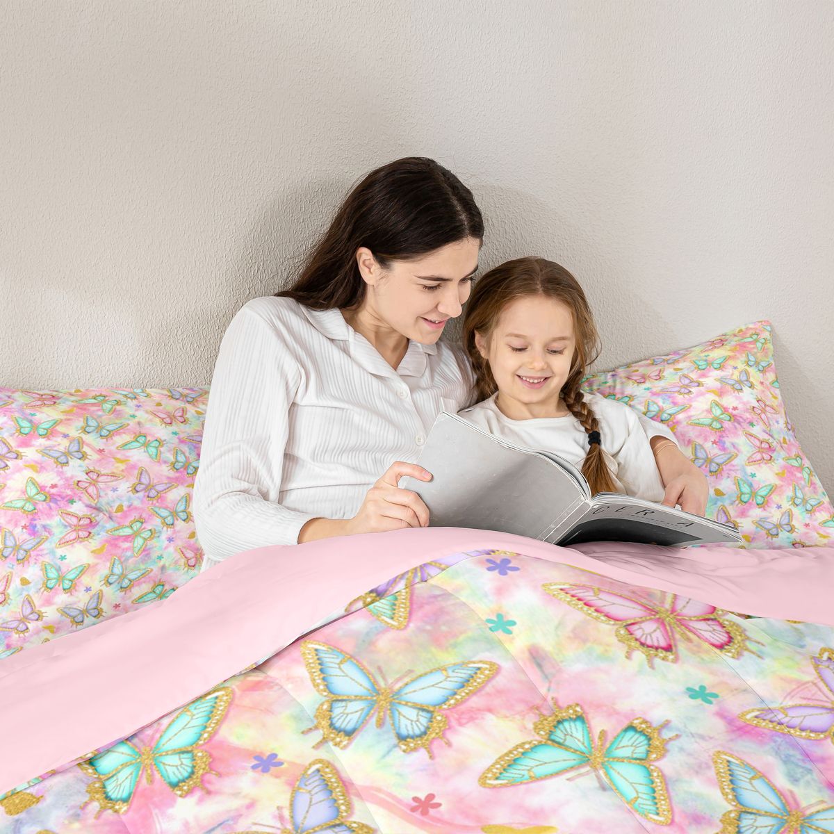 jejeloiu Cute Cartoon Butterflies 7-Piece Twin Bedding Sets,Modern Watercolor Aesthetic Bedding Comforter Set,Gold Glitter Print Sheet Sets For Kids,Breathable Home Decor Reversible