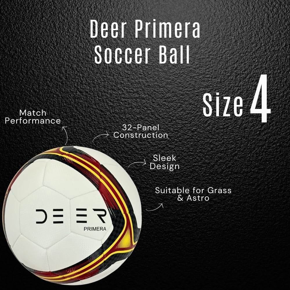 Deer Primera Soccer Ball – for Club Match, Training, Match Performance, Indoor Outdoor Soccer, Suitable for Grass & Astro | 32 Panel, Fabric Wrapped Rubber | Size 5 for Youth & Adult Soccer Players |